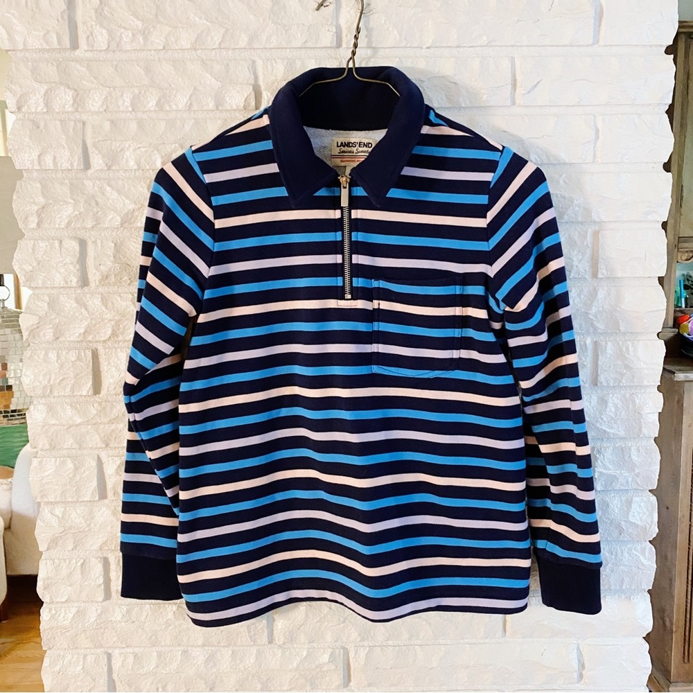 Lands' End Deep Sea Navy Pink Stripe Zip-Front Collared Long-Sleeve Top Size XS - Picture 2 of 6